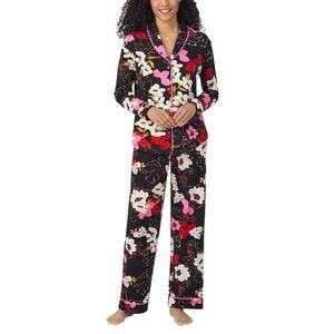 Room Service Women's Shawl Collar Pajama Set - Black and Pink Floral